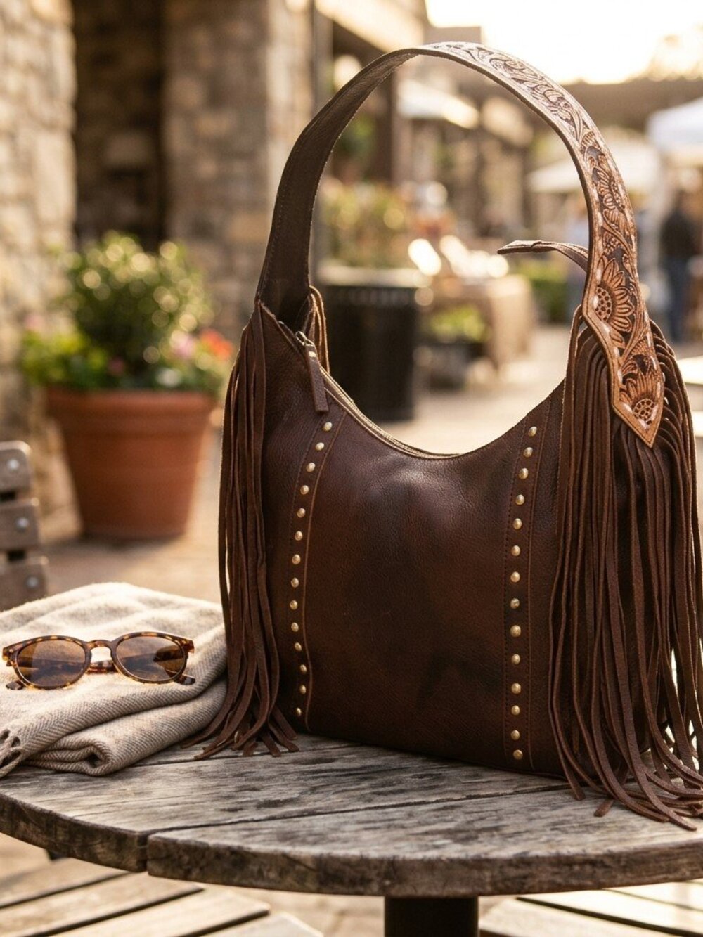 American Darling Western Fringe Brown Leather Hobo Bag with studded accents